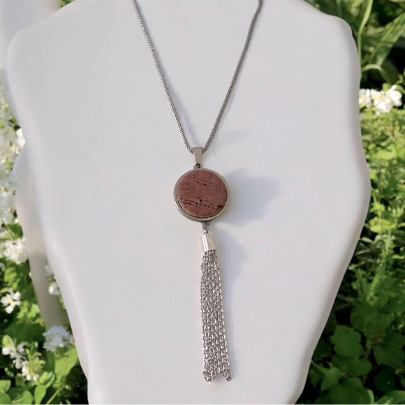 Cork Long 30” Silver Herringbone Chain & Dark Cork Pendant - Picture 1 of 10